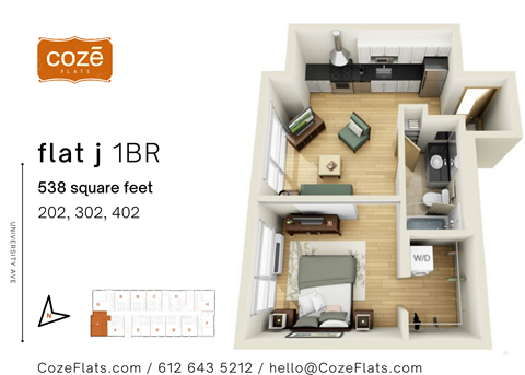 Floor plan for 1 bed, 1 bath, 537 sqft